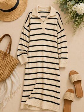 Lillusory Striped Sweater Dress Midi Knit V Neck Long Sleeve Size M